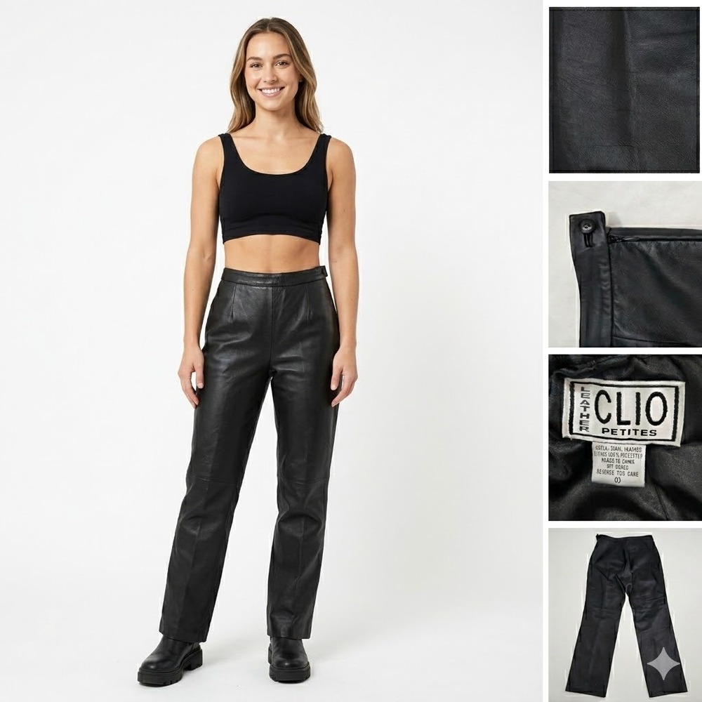 Vintage Clio Petites Black 100% Leather Pants High Waist Side Zip Y2K Size 10